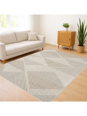 Bej Zeminli Balıksırtı Desenli Salon Halısı Yıkanabilir Kaymaz Tabanlı Modern Kullanım - SM-595