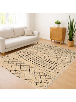 Bej Zeminli Ince Etnik Çizgili Salon Halısı Antialerjik Kaymaz Tabanlı Doğal Görünüm - SD-1168