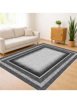 Gri Zeminli Koyu Çerçeveli Klasik Salon Halısı Toz Tutmaz Kaymaz Tabanlı Güçlü Stil - FNL-477