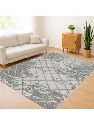 Gri Zeminli Çizgisel Modern Desenli Salon Halısı Yıkanabilir Antialerjik Kaymaz Tabanlı - FNL-480