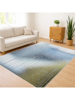 Mavi ve Sarı Geçişli Modern Desenli Salon Halısı Yıkanabilir Kaymaz Tabanlı Ferah Görünüm - FNL-323
