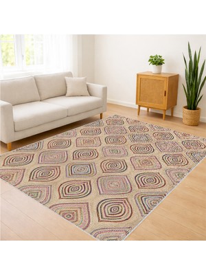 Bej Zeminli Çoklu Geometrik Motifli Salon Halısı Yıkanabilir Toz Tutmaz Kaymaz Tabanlı - SM-260