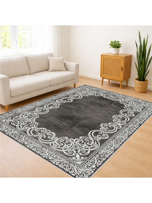 Gri Zeminli Klasik Motifli Salon Halısı Antialerjik Kaymaz Tabanlı Zarif Görünüm - SM-444