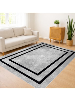 Gri Zeminli Siyah Çerçeveli Modern Salon Halısı Antialerjik Kaymaz Tabanlı Net Kontrast - SM-292