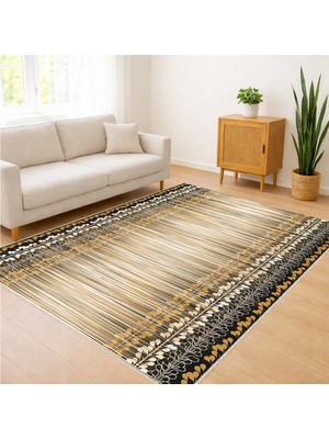 Bej Zeminli Ince Çizgili Salon Halısı Antialerjik Kaymaz Tabanlı Klasik ve Sade Kullanım - FNL-324