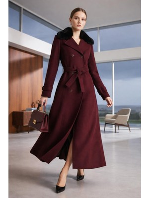 Esin Giyim Kürk Yakalı Kruvaze Kaşe Manto