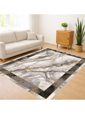 Beyaz ve Gri Tonlarda Mermer Efektli Modern Salon Halısı Yıkanabilir Kaymaz Tabanlı Ferah Görünüm - SM-659