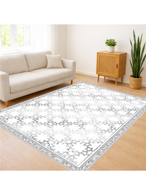 Beyaz Zeminli Gri Klasik Desenli Salon Halısı Yıkanabilir Antialerjik Kaymaz Tabanlı - SD-1111