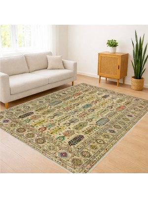 Sarı ve Yeşil Tonlarda Klasik Motifli Salon Halısı Antialerjik Kaymaz Tabanlı Geleneksel Stil - SM-690