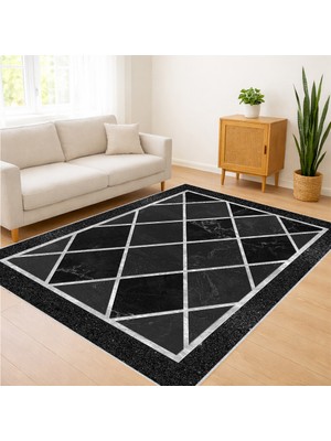Siyah Zeminli Beyaz Geometrik Çizgili Modern Salon Halısı Antialerjik Kaymaz Tabanlı Net Kontrast - SM-710