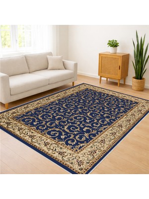 Lacivert Zeminli Klasik Motifli Salon Halısı Toz Tutmaz Kaymaz Tabanlı Zamansız Görünüm - SD-1121