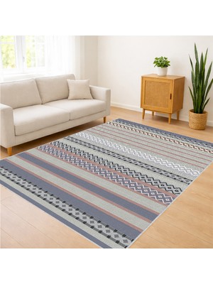 Bej ve Mavi Tonlarda Çizgisel Desenli Salon Halısı Yıkanabilir Toz Tutmaz Kaymaz Tabanlı - SM-299