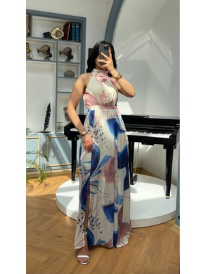 Nida Boutique Halter Yaka Desenli Yırtmaçlı Uzun Astarlı Şifon Elbise