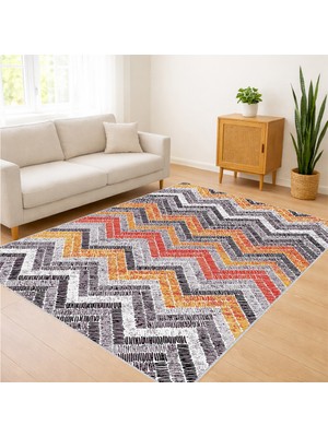 Gri ve Turuncu Tonlarda Zigzag Desenli Salon Halısı Antialerjik Kaymaz Tabanlı Enerjik Görünüm - SM-279