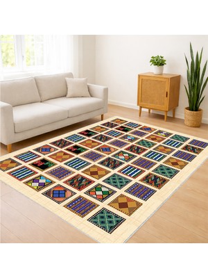Renkli Kare Desenli Modern Salon Halısı Antialerjik Kaymaz Tabanlı Canlı Dekorasyon - SM-612