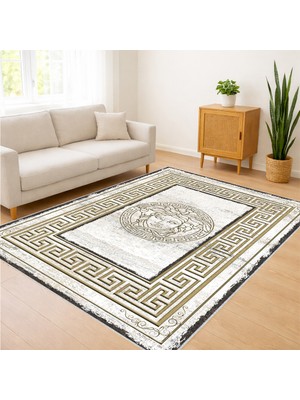 Krem Zeminli Klasik Çerçeveli Salon Halısı Antialerjik Kaymaz Tabanlı Zamansız Stil - SD-1189