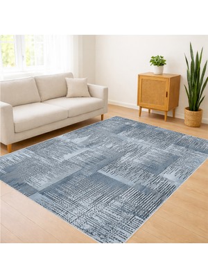 Mavi ve Gri Tonlarda Modern Eskitme Desenli Salon Halısı Antialerjik Kaymaz Tabanlı - SM-496