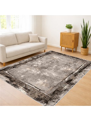 Antrasit Tonlarda Klasik Motifli Salon Halısı Toz Tutmaz Kaymaz Tabanlı Güçlü Görünüm - RVG0334