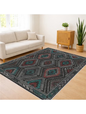Gri ve Bordo Tonlarda Geometrik Desenli Salon Halısı Antialerjik Kaymaz Tabanlı - SM-271