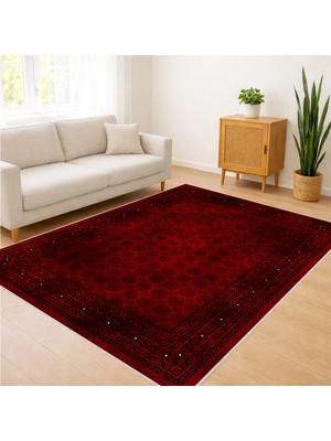 Koyu Kırmızı Klasik Desenli Salon Halısı Yıkanabilir Antialerjik Kaymaz Tabanlı Güçlü Görünüm - FNL-370