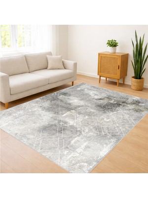 Açık Gri ve Beyaz Geçişli Salon Halısı Yıkanabilir Antialerjik Kaymaz Tabanlı - FNL-377