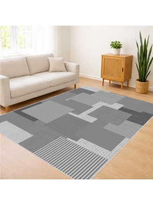 Gri Tonlarda Modern Blok Desenli Salon Halısı Yıkanabilir Toz Tutmaz Kaymaz Tabanlı - SM-303
