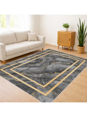 Gri Zeminli Altın Çerçeveli Modern Salon Halısı Yıkanabilir Toz Tutmaz Kaymaz Tabanlı - SM-276