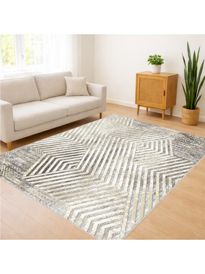 Krem ve Bej Tonlarda Çapraz Desenli Salon Halısı Yıkanabilir Kaymaz Tabanlı Zarif Stil - FNL-381