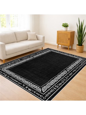 Siyah Zeminli Beyaz Bordürlü Klasik Salon Halısı Yıkanabilir Toz Tutmaz Kaymaz Tabanlı - SM-290