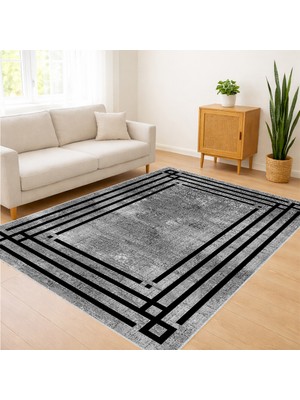 Siyah ve Gri Tonlarda Geometrik Çizgili Salon Halısı Antialerjik Kaymaz Tabanlı Modern Stil - SM-294