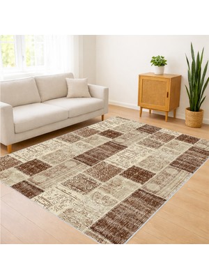 Bej ve Kahverengi Tonlarda Kare Patchwork Desenli Salon Halısı Antialerjik Kaymaz Tabanlı Sıcak Dekorasyon - SM-649