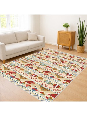 Renkli Etnik Figürlü Salon Halısı Yıkanabilir Kaymaz Tabanlı Enerjik ve Özgün Stil - SM-616
