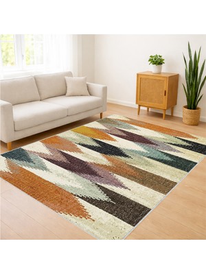 Kahverengi ve Krem Tonlarda Etnik Zigzag Desenli Salon Halısı Antialerjik Kaymaz Tabanlı Sıcak Kullanım - Sm-20