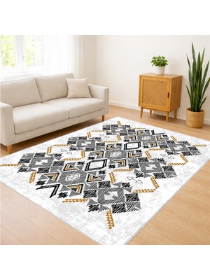 Siyah ve Beyaz Geometrik Desenli Salon Halısı Toz Tutmaz Kaymaz Tabanlı Modern Kontrast - FNL-435