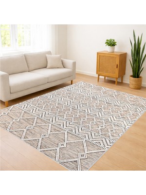 Bej Zeminli Etnik Geometrik Desenli Salon Halısı Antialerjik Kaymaz Tabanlı Doğal Stil - SM-312