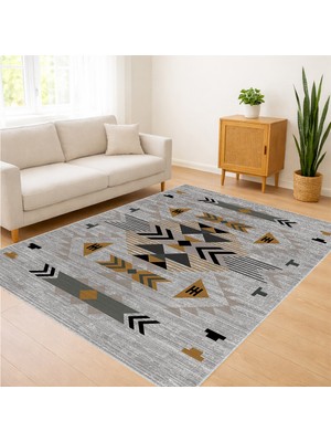 Açık Gri Zeminli Siyah Geometrik Desenli Salon Halısı Toz Tutmaz Kaymaz Tabanlı Modern Stil - SD-1104