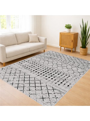 Açık Gri Zeminli Çapraz Çizgili Salon Halısı Yıkanabilir Toz Tutmaz Kaymaz Tabanlı - SD-1169