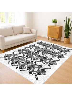 Siyah Beyaz Grafik Desenli Salon Halısı Yıkanabilir Antialerjik Kaymaz Tabanlı - FNL-436