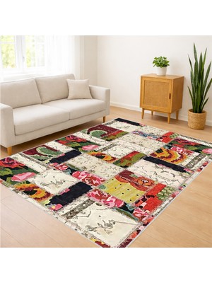 Renkli Patchwork Desenli Salon Halısı Antialerjik Kaymaz Tabanlı Canlı ve Modern Görünüm - SM-139