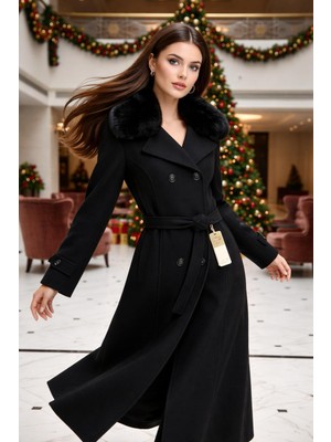 Esin Giyim Kürk Yakalı Kruvaze Kaşe Manto