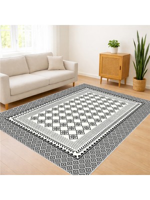 Gri ve Beyaz Damalı Desenli Salon Halısı Toz Tutmaz Kaymaz Tabanlı Sade Dekorasyon - SD-1136