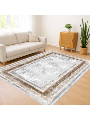 Krem Zeminli Çerçeveli Klasik Salon Halısı Yıkanabilir Kaymaz Tabanlı Zamansız Stil - FNL-451