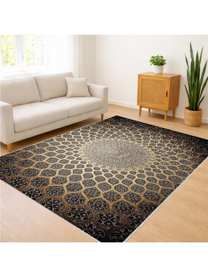 Siyah Zeminli Altın Geometrik Desenli Salon Halısı Antialerjik Kaymaz Tabanlı Lüks Görünüm - SM-235