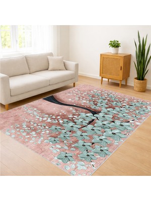 Turkuaz ve Pembe Tonlarda Çiçek Desenli Salon Halısı Antialerjik Kaymaz Tabanlı Canlı Stil - SM-265