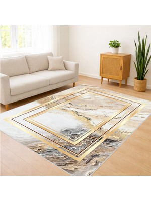 Beyaz Zeminli Altın Detaylı Klasik Salon Halısı Yıkanabilir Toz Tutmaz Kaymaz Tabanlı - SM-274