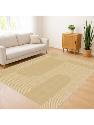 Açık Bej Tonlarda Oval Geçişli Salon Halısı Antialerjik Kaymaz Tabanlı Yumuşak Görünüm - FNL-342