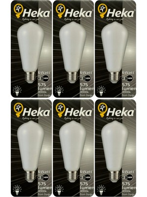 (6 Adet) Heka 6W (46W) 3000K (Sarı Işık) E27 Duylu Soft LED ST64 Filament Ampul