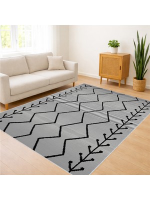 Bej ve Siyah Tonlarda Zigzag Desenli Salon Halısı Antialerjik Kaymaz Tabanlı Modern Stil - SM-397