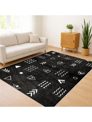 Siyah Zeminli Beyaz Sembollü Modern Salon Halısı Antialerjik Kaymaz Tabanlı Güçlü Kontrast - SD-1152