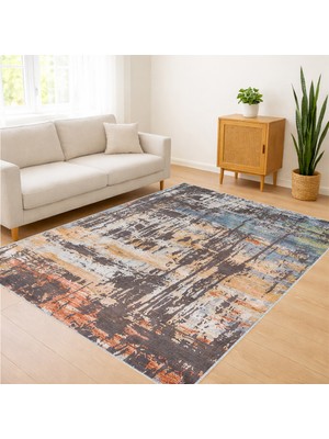 Gri ve Turuncu Tonlarda Modern Eskitme Desenli Oturma Odası Halısı Yıkanabilir Toz Tutmaz Kaymaz Tabanlı - FNL-214
